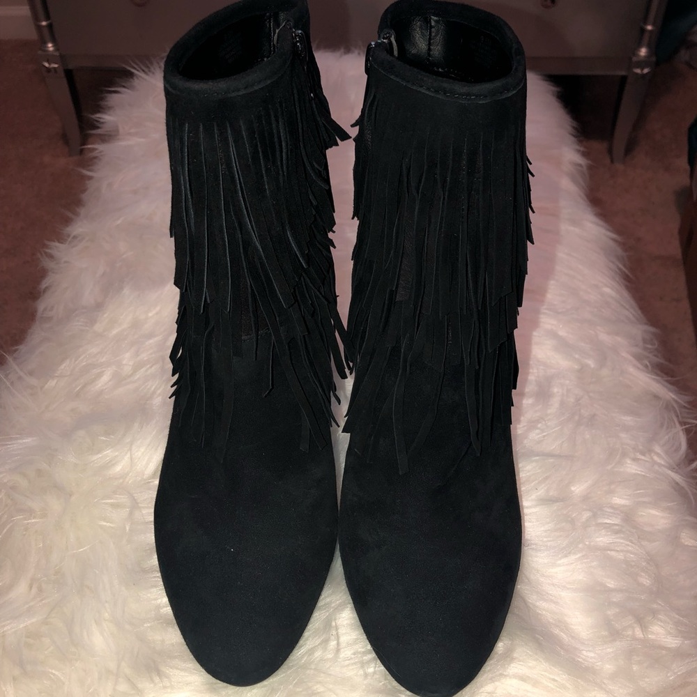 Gianni Bini Black and Gold Fringe Booties